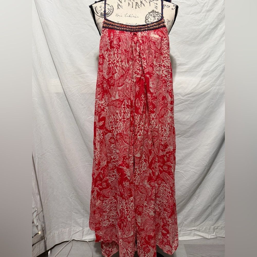 Free People Womens Bandana Dress Tie Braided Shoulders Maxi Red Floral Size S